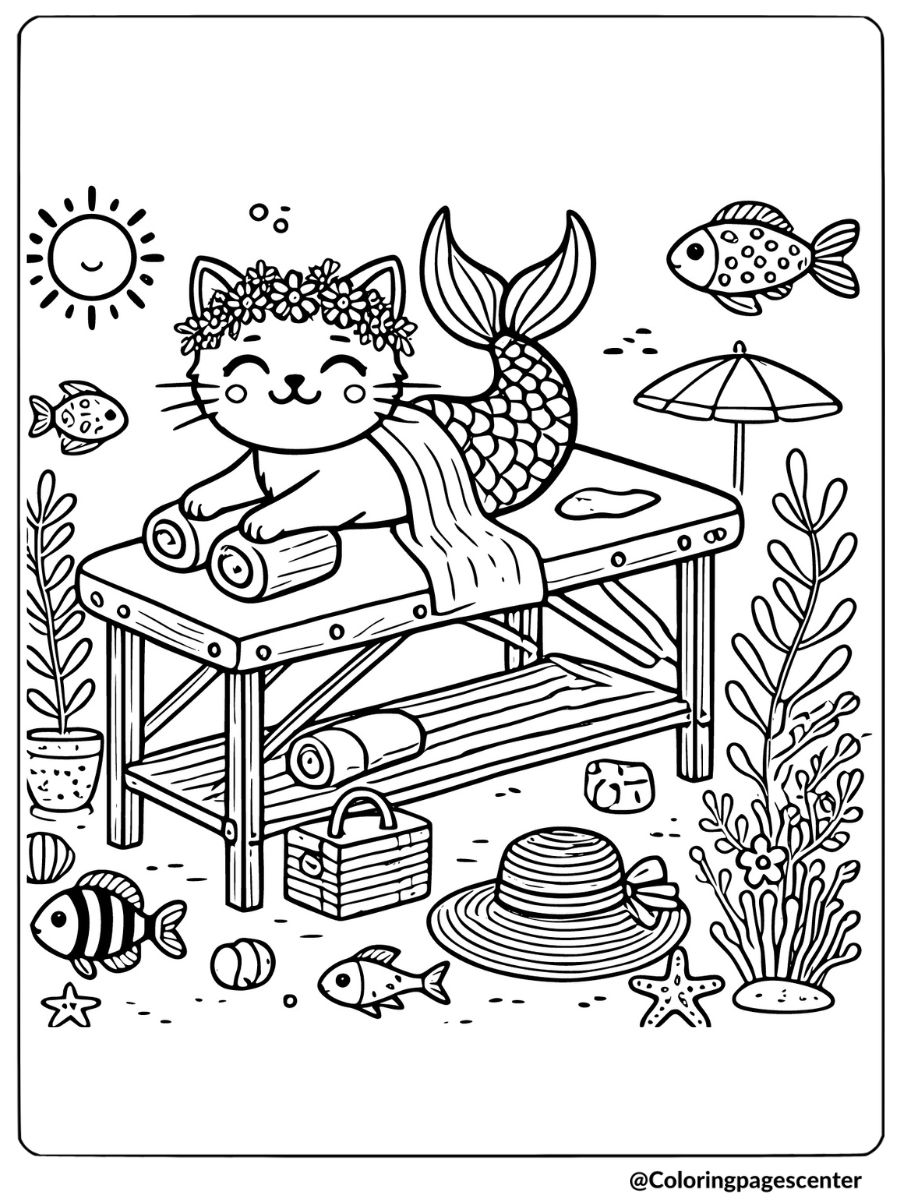 Mermaid cat on a beach chair coloring page