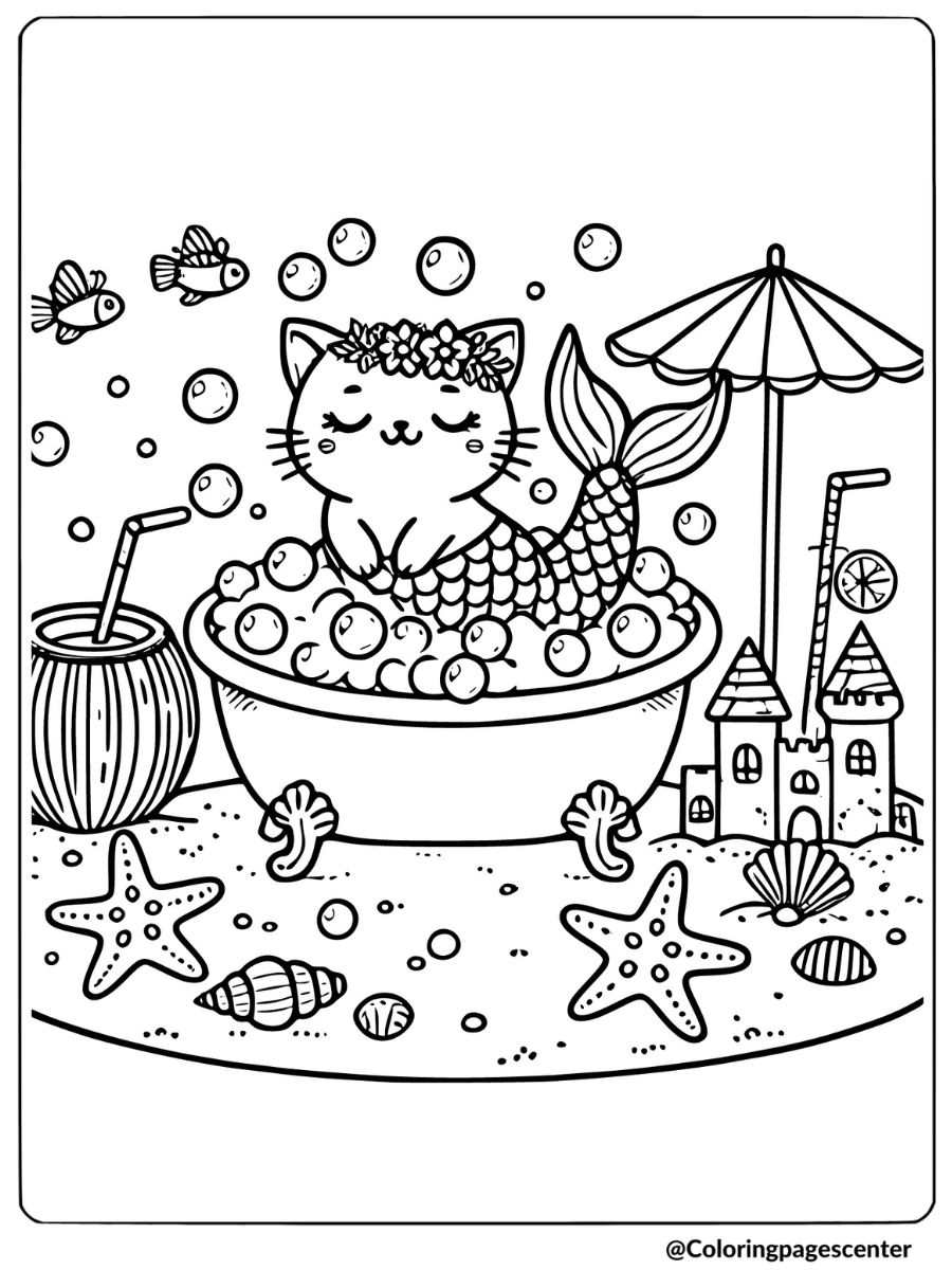 Mermaid cat in a bubble bath coloring page