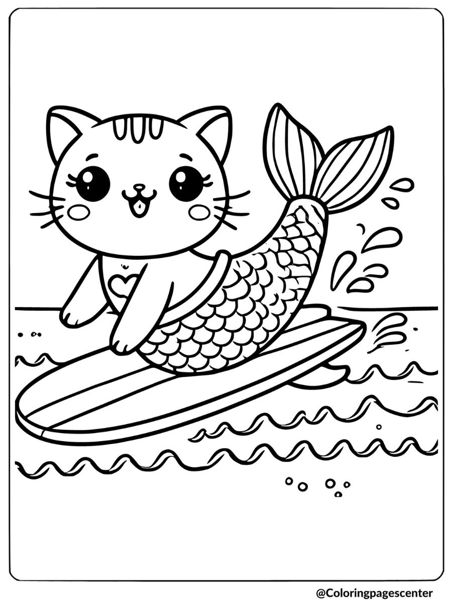 Mermaid cat surfing coloring page