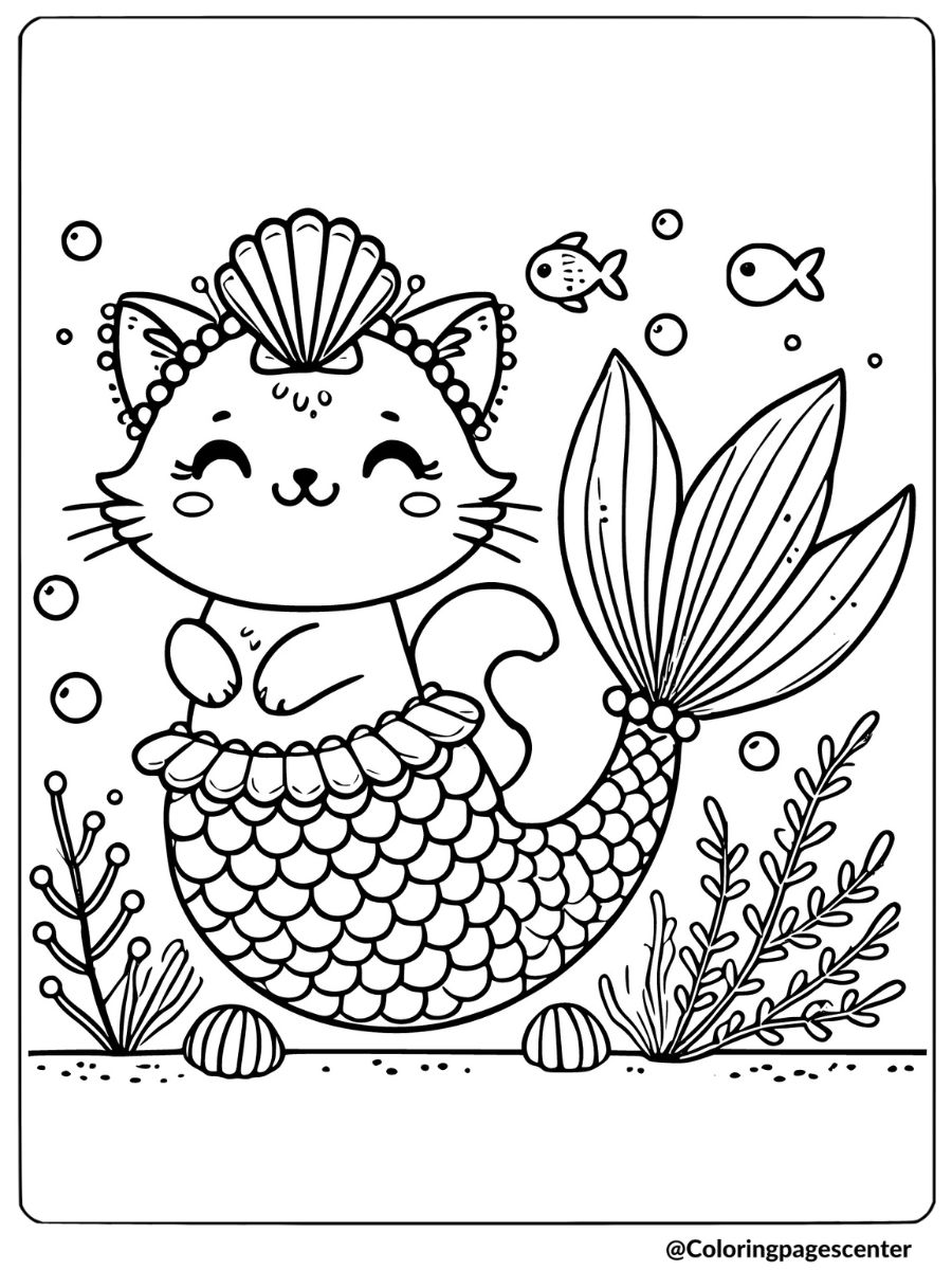 Mermaid cat with a seashell crown coloring page