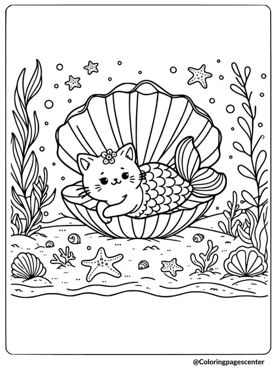 Mermaid cat in shell with sea plants coloring page