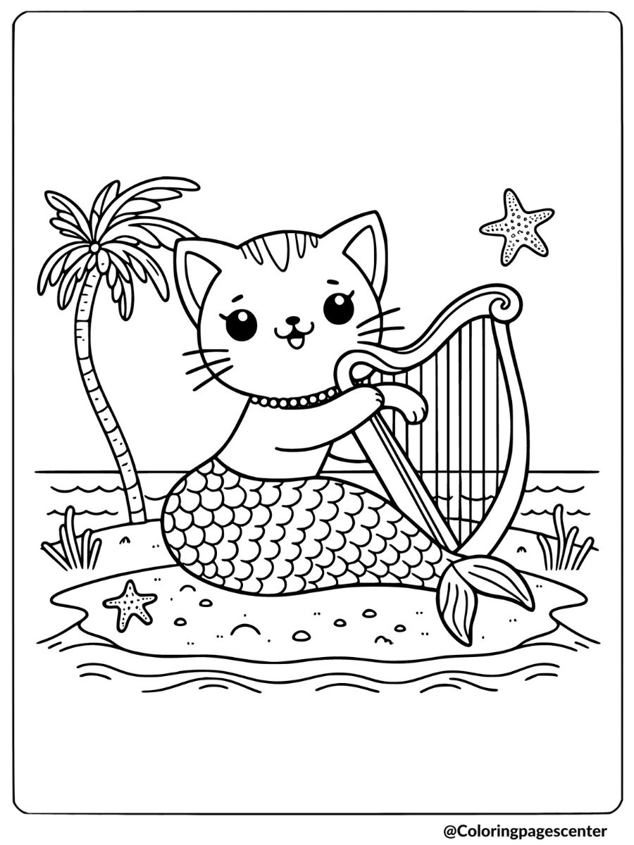 Mermaid cat playing harp on island coloring page