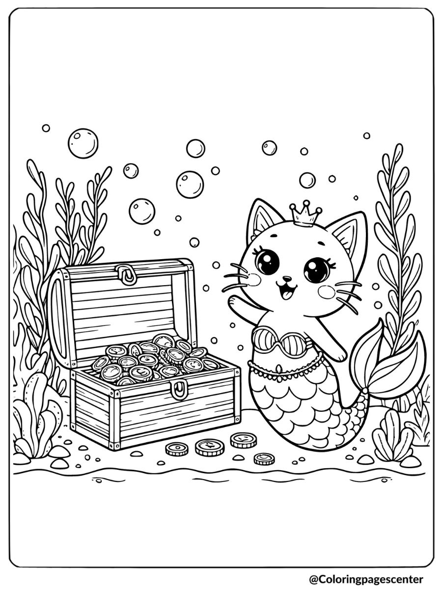 Mermaid cat with crown and treasure coloring page