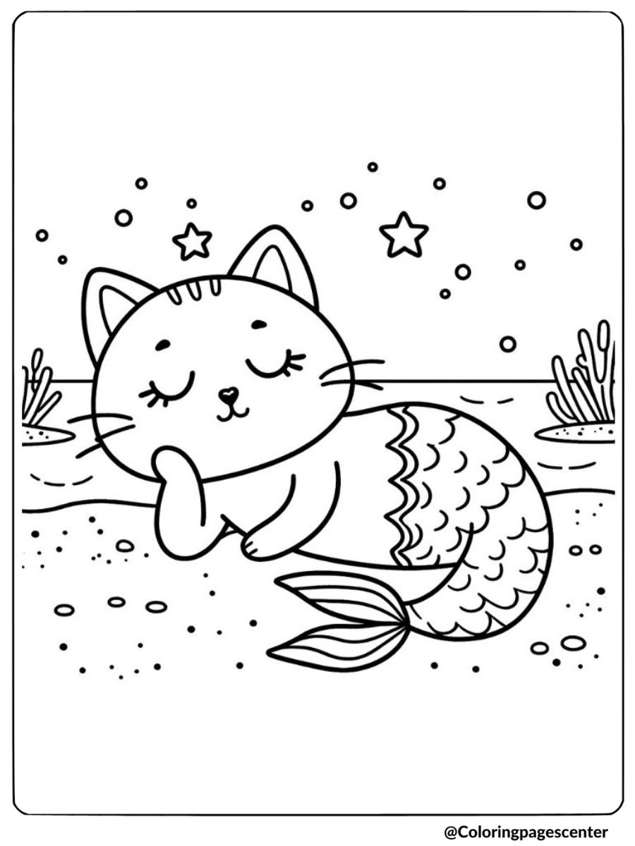 Sleeping mermaid cat on sandy ocean floor with stars and bubbles coloring page