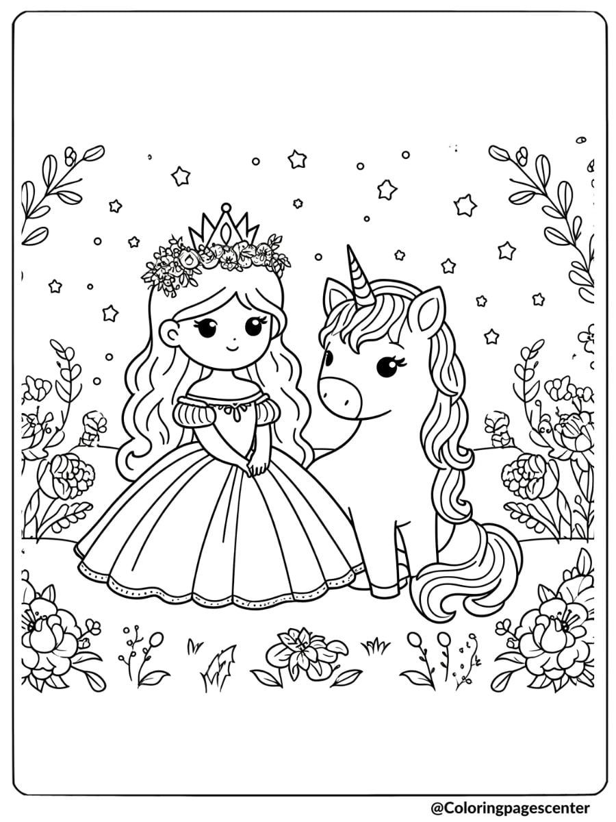 Coloring page of a princess standing with a unicorn