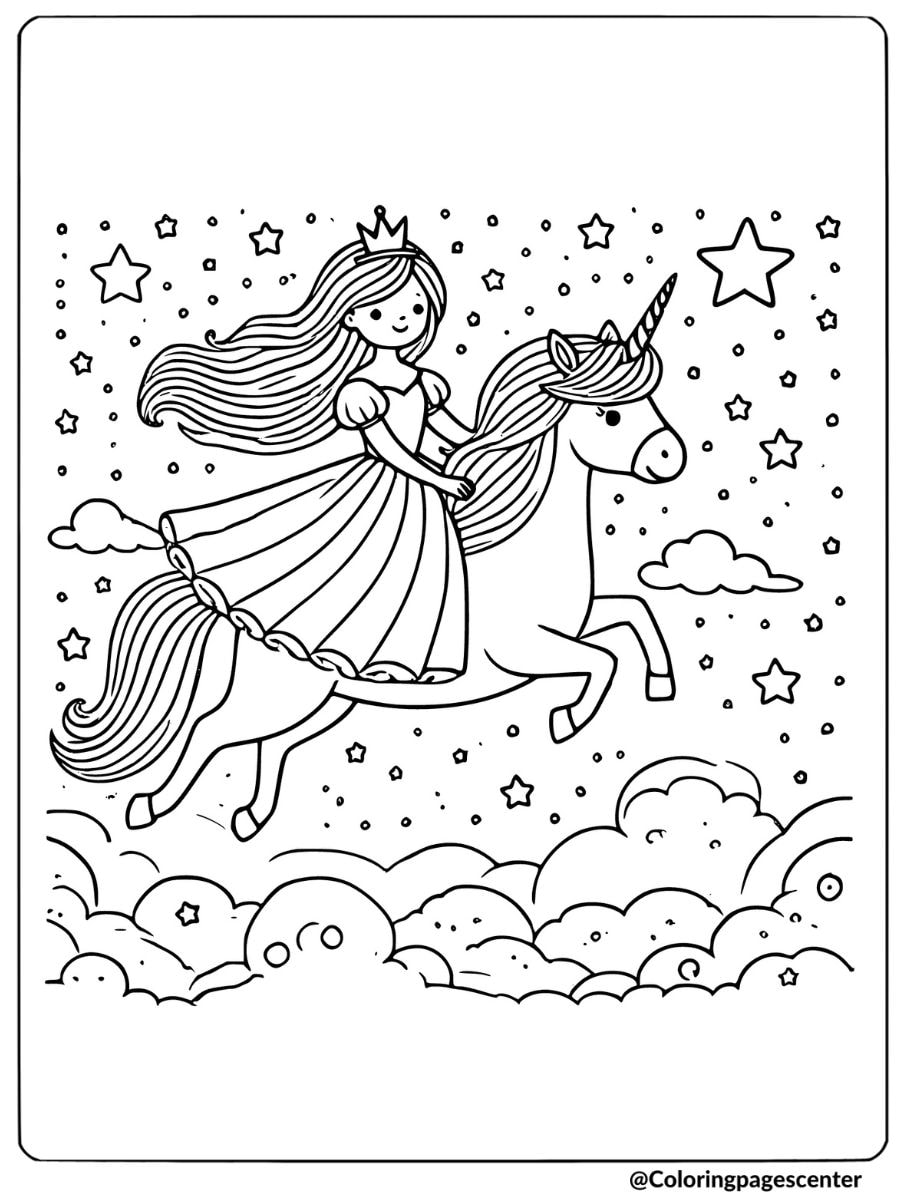 Coloring page of a princess riding a unicorn through the sky