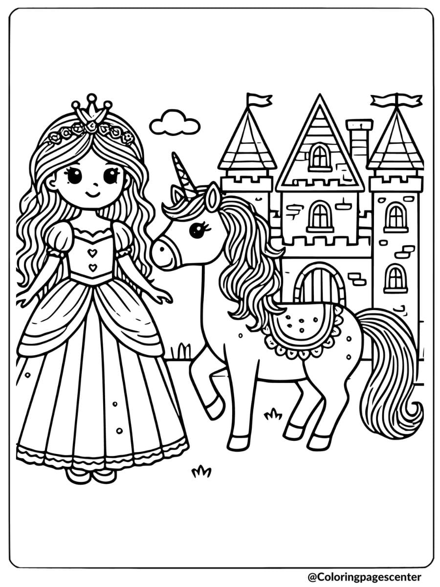 Coloring page of a princess with her unicorn near a castle