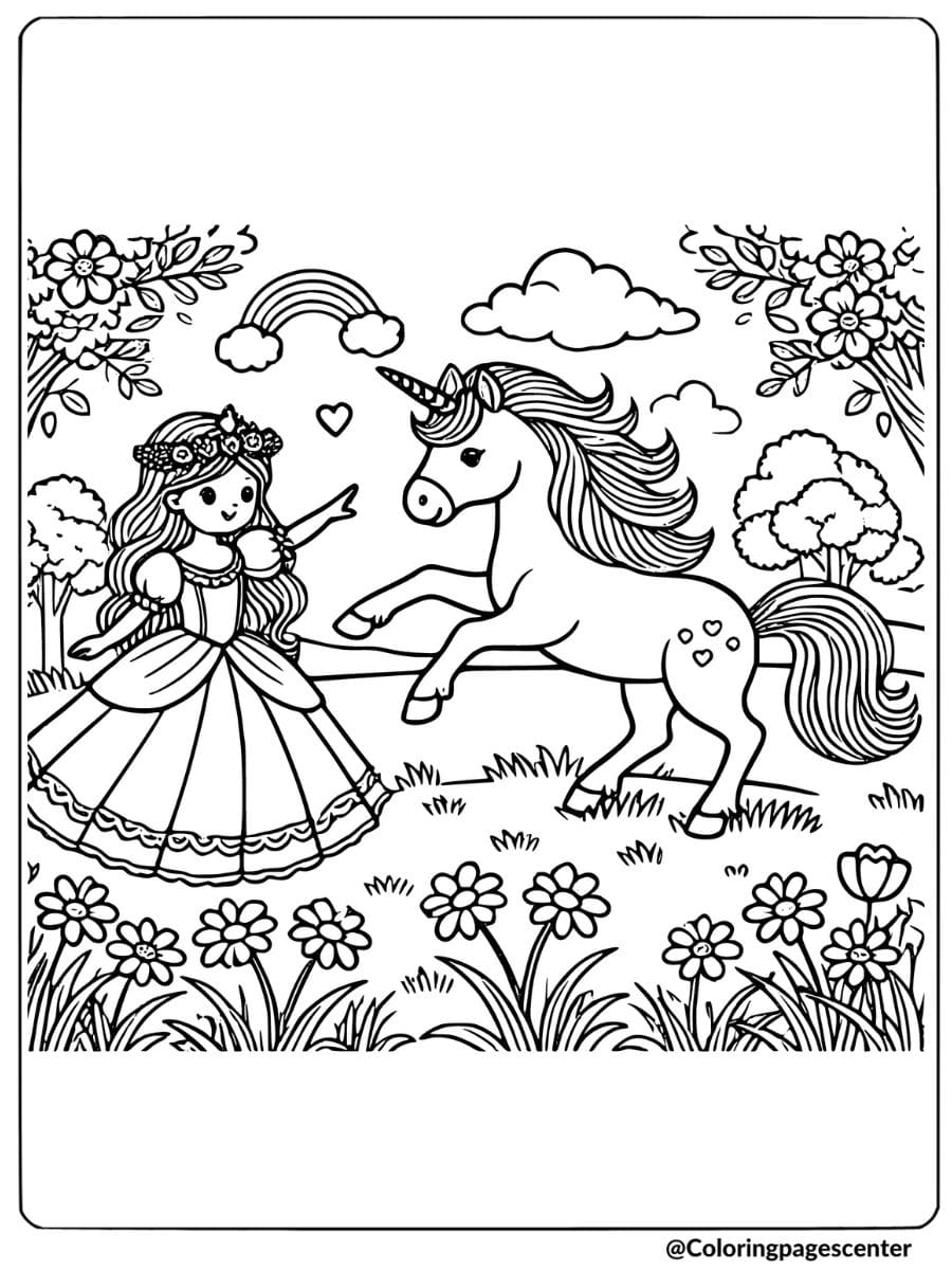 Coloring page of a unicorn playing with a princess