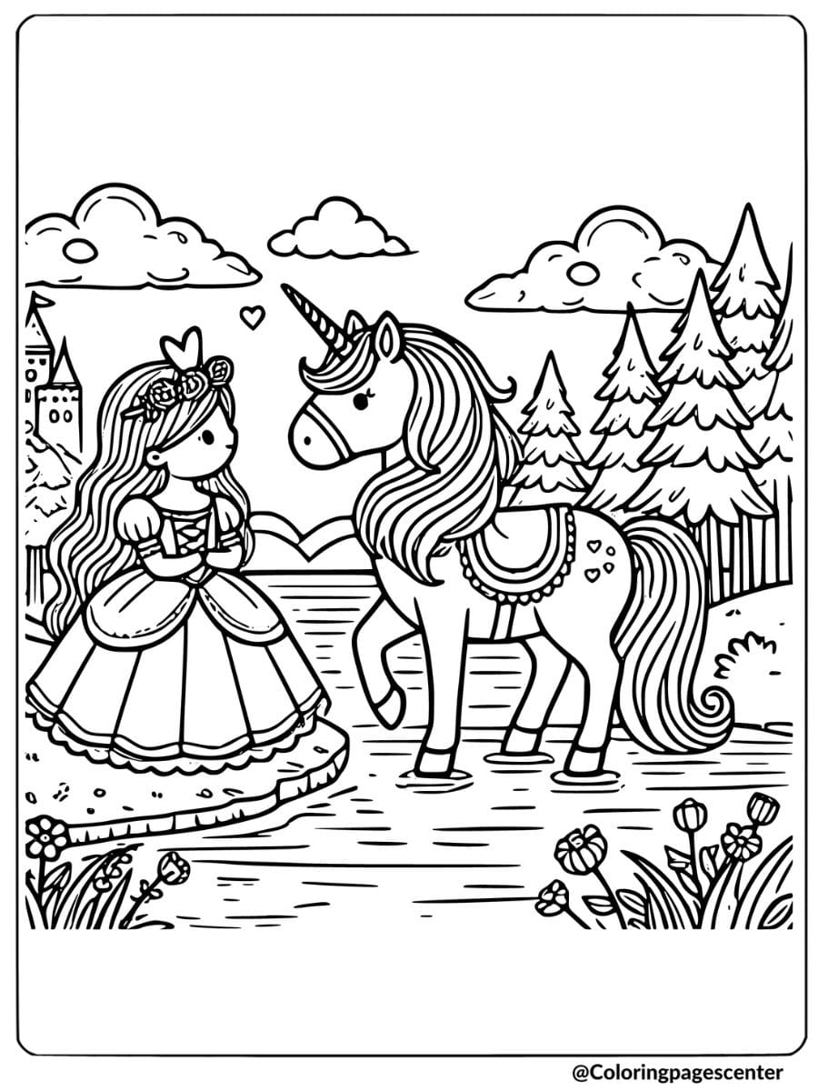 Coloring page of a princess and unicorn near a lake