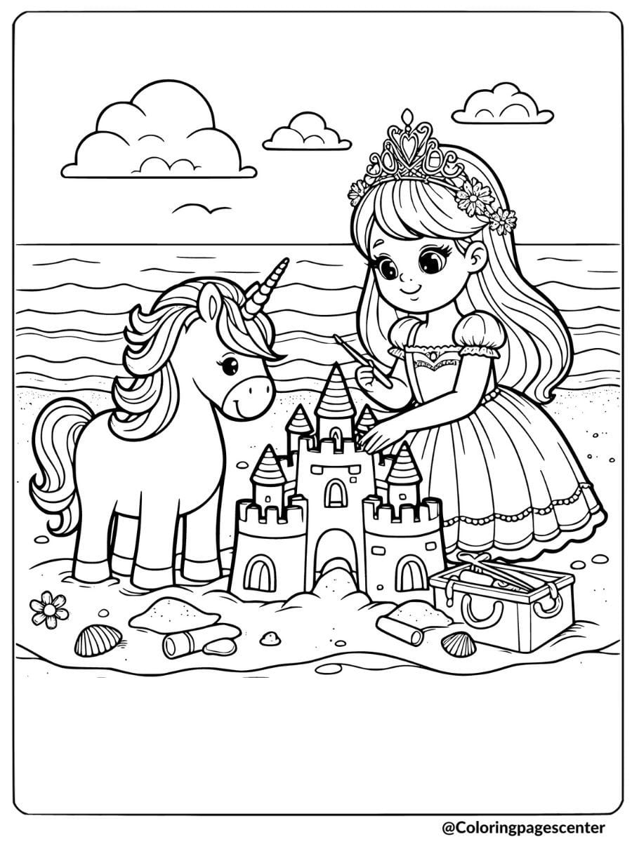 Coloring page of a princess and unicorn building a sandcastle