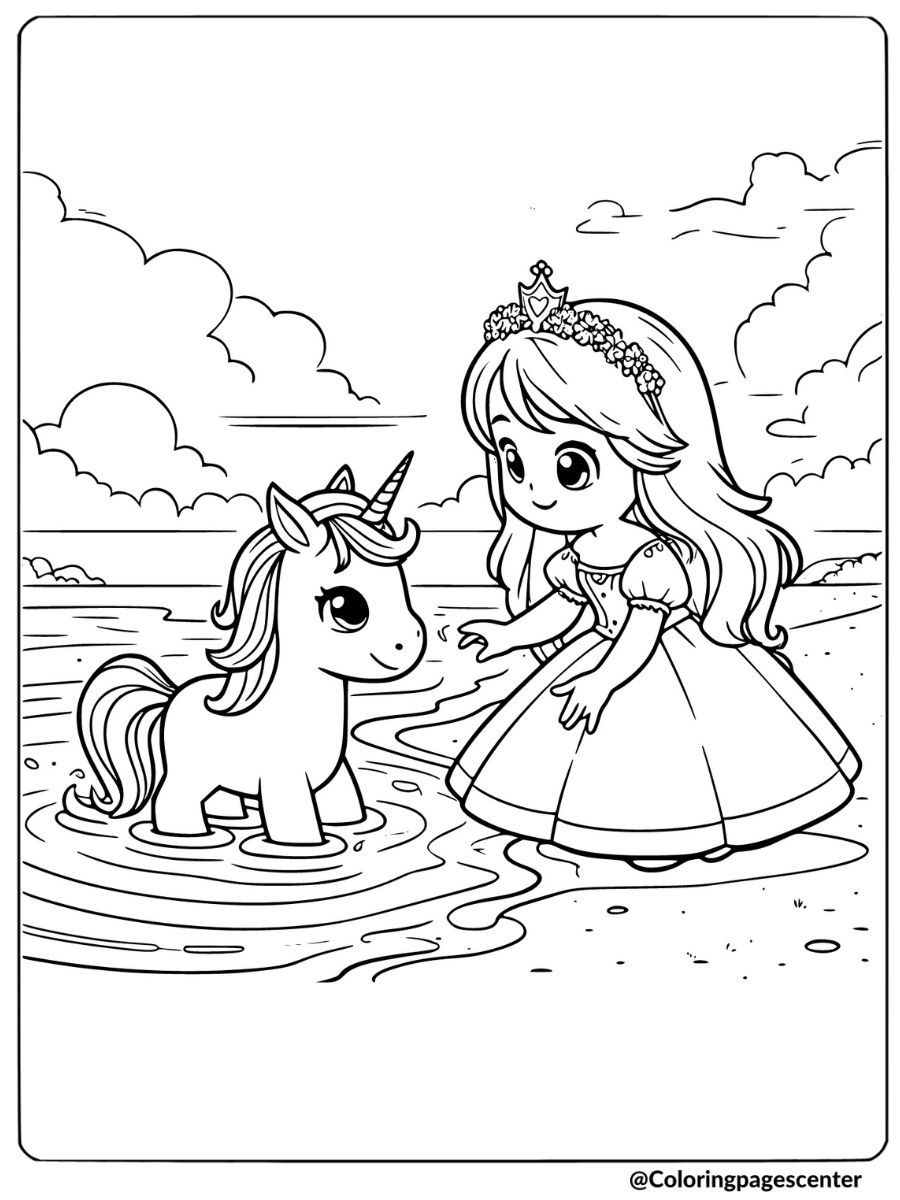 Coloring page of a princess with her unicorn in the water