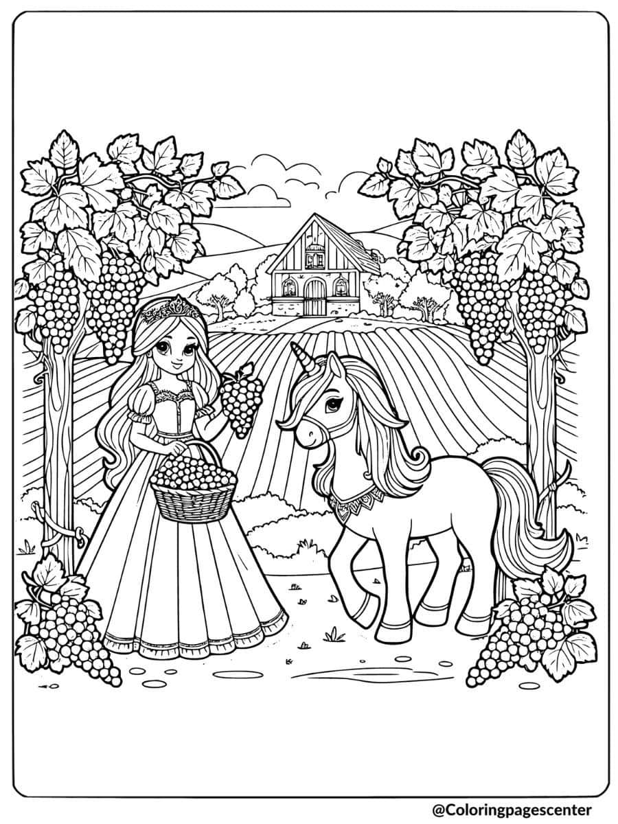 Coloring page of a princess and unicorn picking grapes in a vineyard