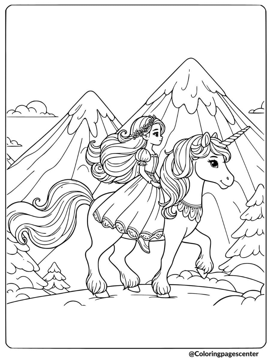 Coloring page of a princess riding a unicorn through the mountains