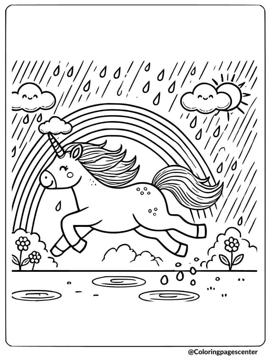 Rainbow unicorn prancing in the rain coloring page