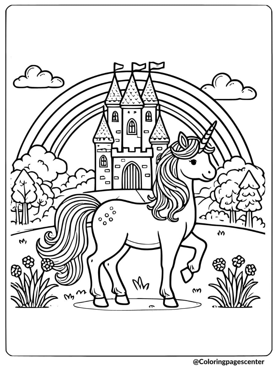 Rainbow unicorn near a magical castle coloring page