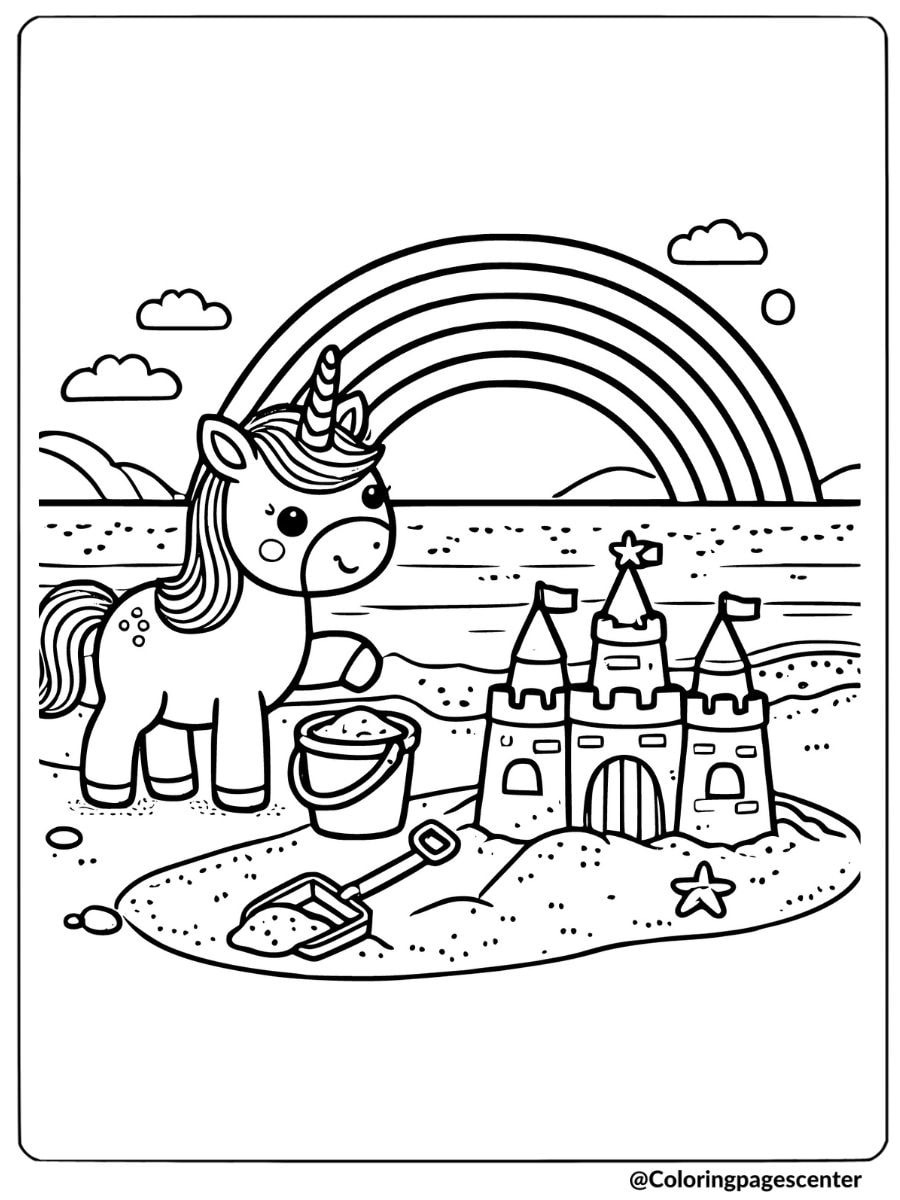 Rainbow unicorn playing on the beach coloring page