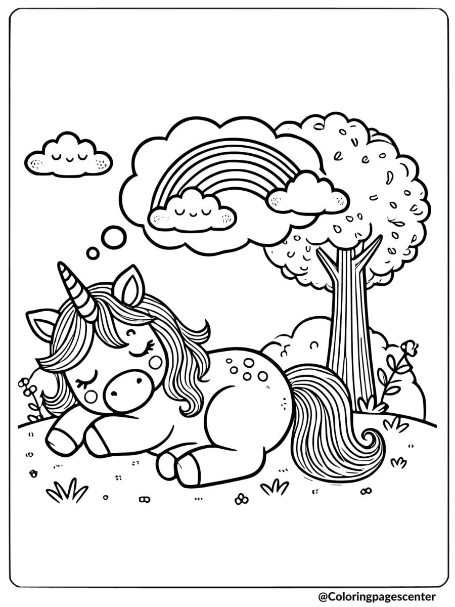 Sleeping rainbow unicorn with dreams coloring page