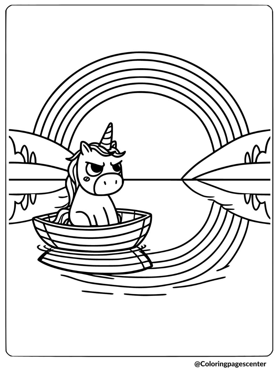 Rainbow unicorn paddling in a boat coloring page