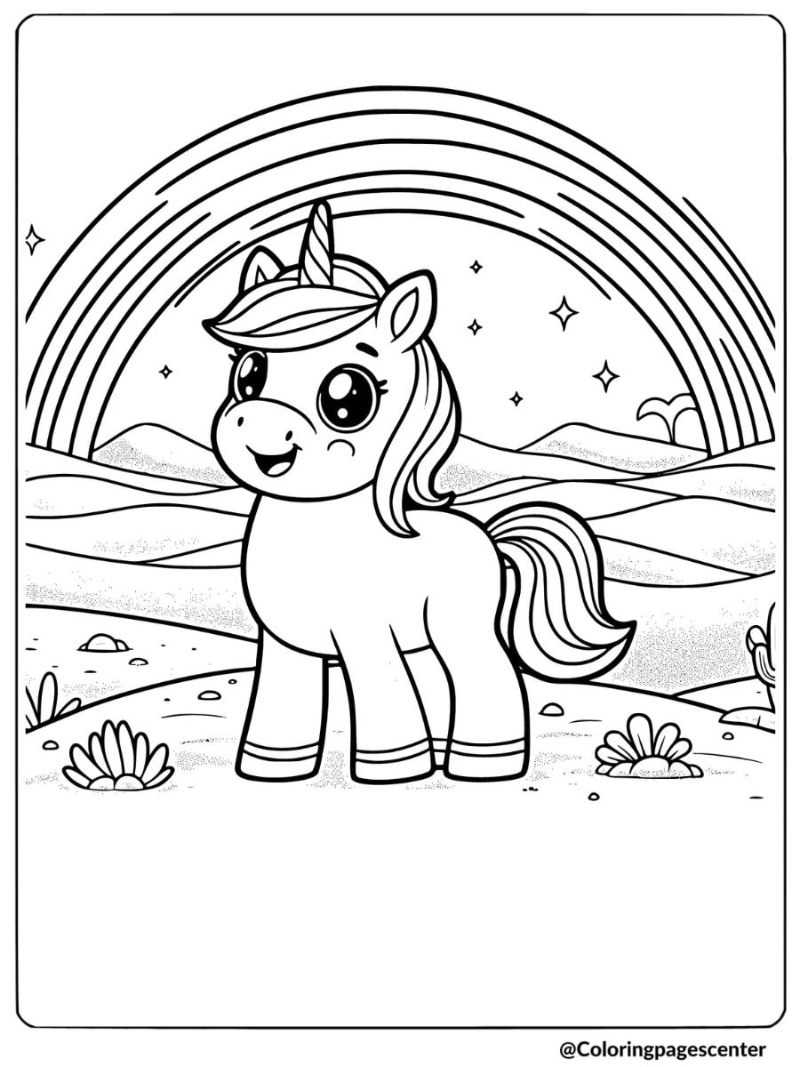 Rainbow unicorn smiling in the sunshine coloring page