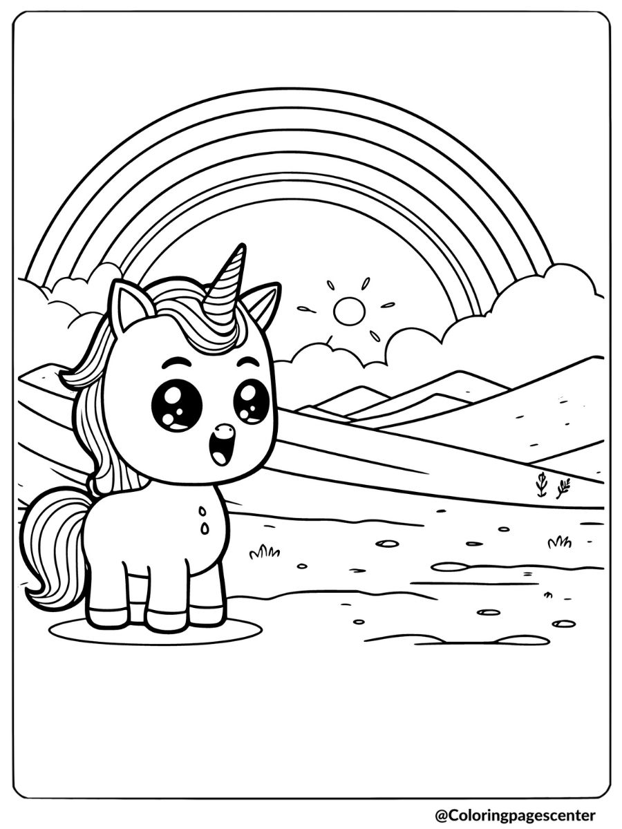 Rainbow unicorn exploring a desert coloring page