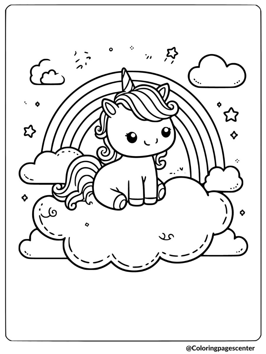 Rainbow unicorn on a fluffy cloud coloring page