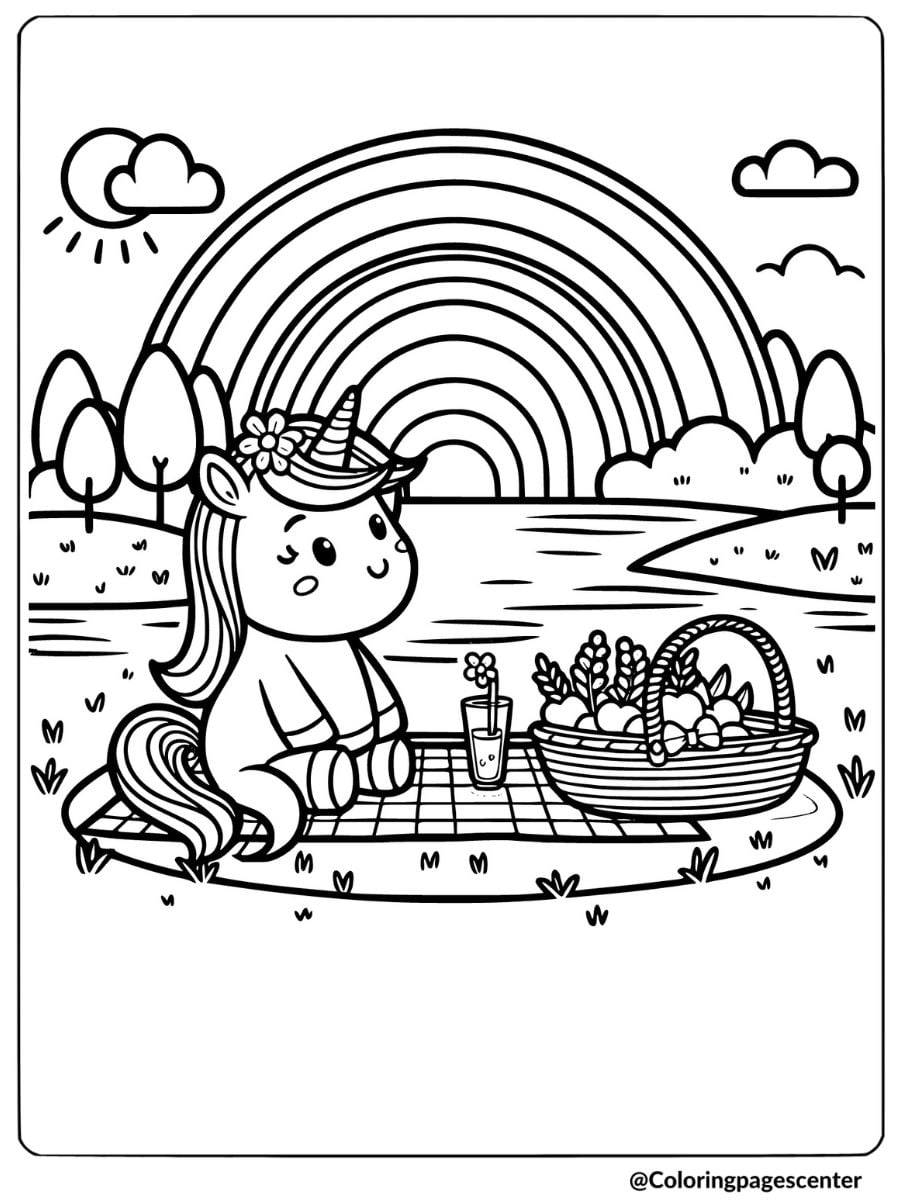 Rainbow unicorn enjoying a picnic coloring page