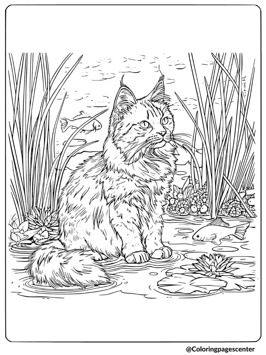 Coloring page of a realistic cat by a pond with fish and reeds 