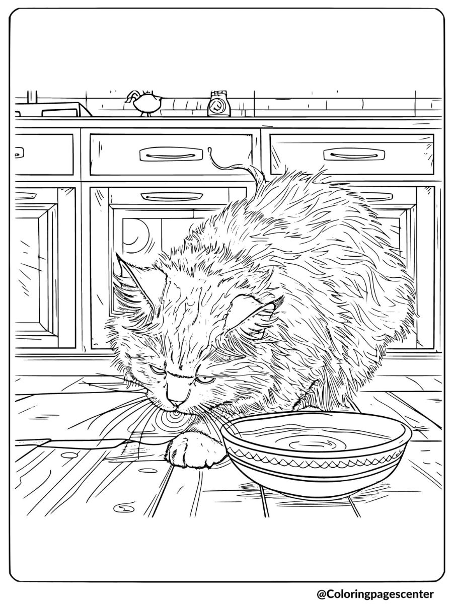 Realistic cat drinking from a bowl in the kitchen coloring page