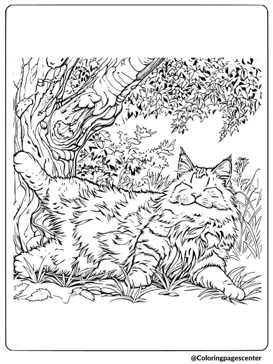 Realistic cat lying under a tree coloring page