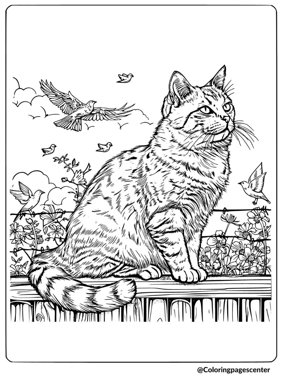 Coloring page of a realistic cat on fence with birds 