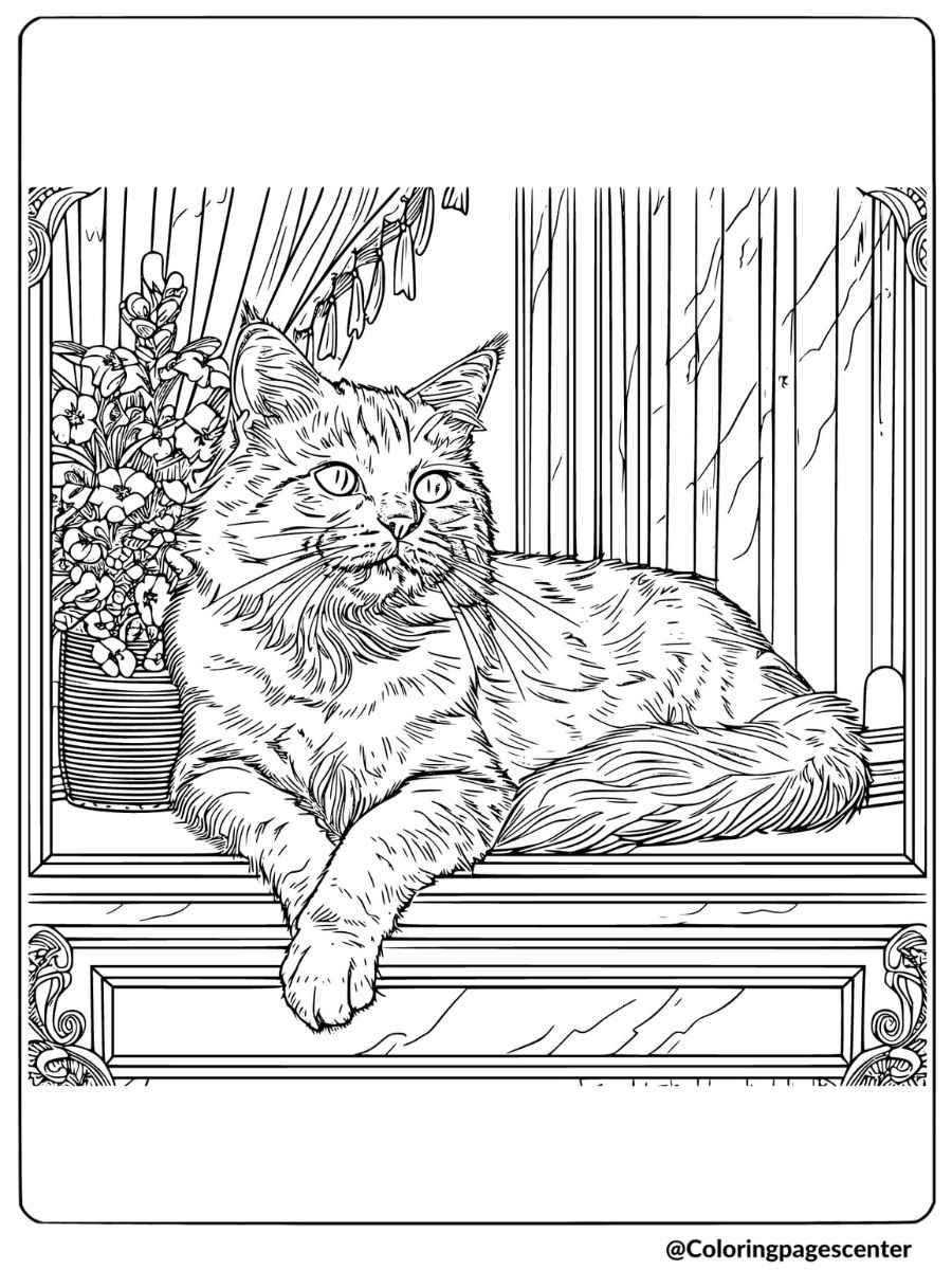 Coloring page of a realistic cat on a windowsill with flowers 