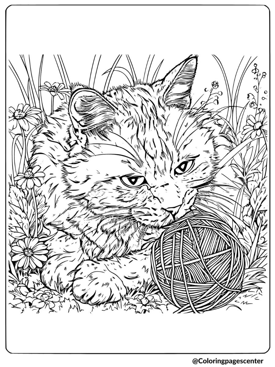 Realistic cat playing with yarn in a garden coloring page