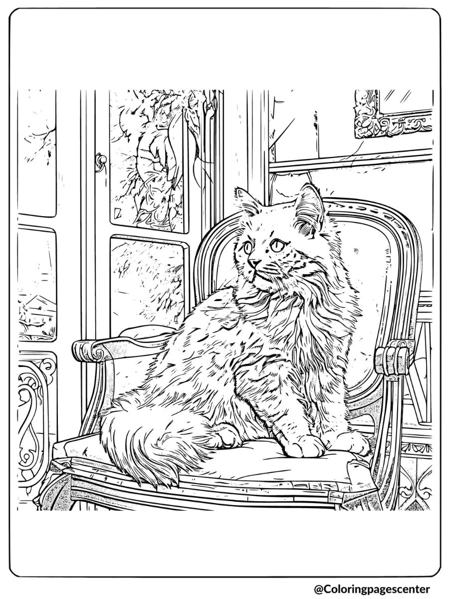 Realistic cat sitting on a chair indoors coloring page