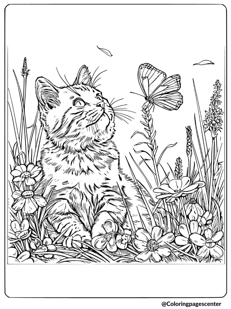 Realistic cat and butterfly in a meadow coloring page 