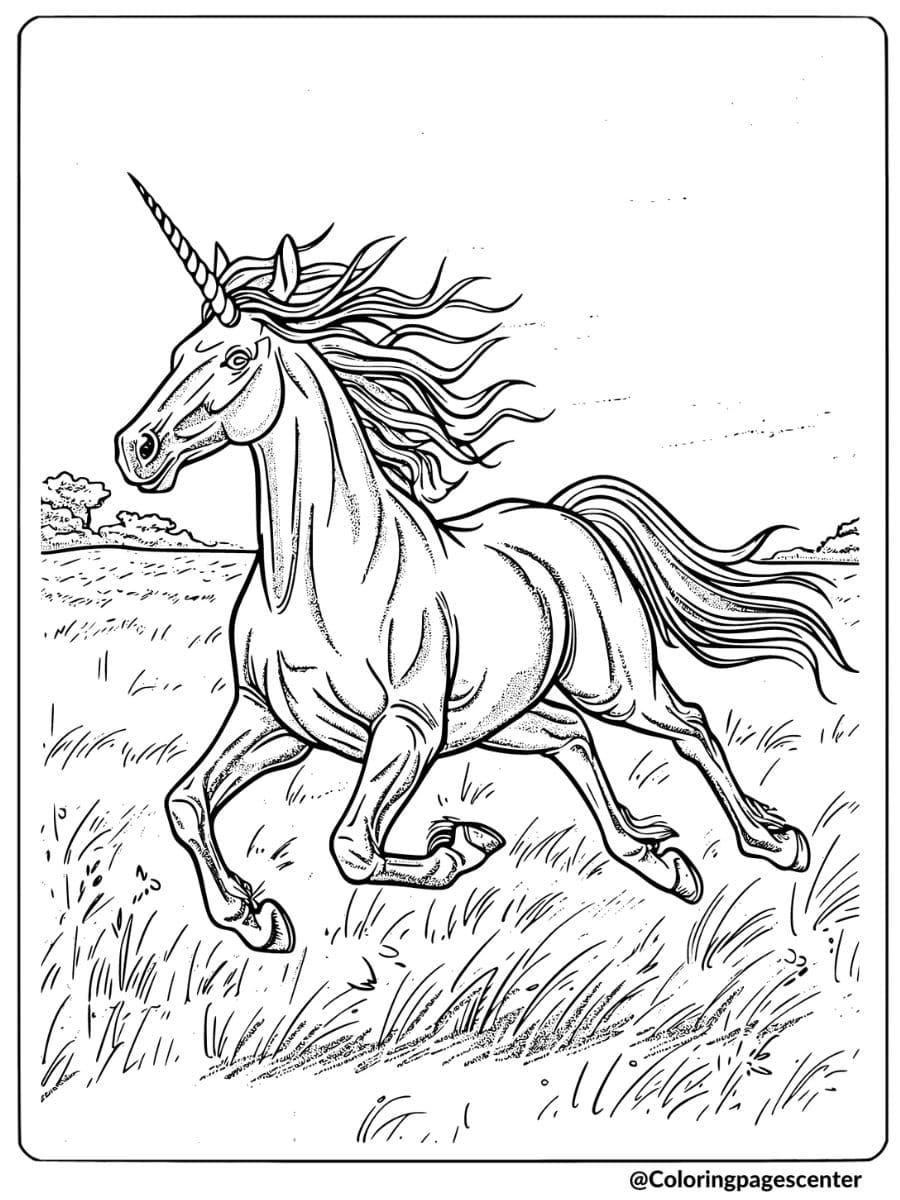Realistic unicorn running through field coloring page