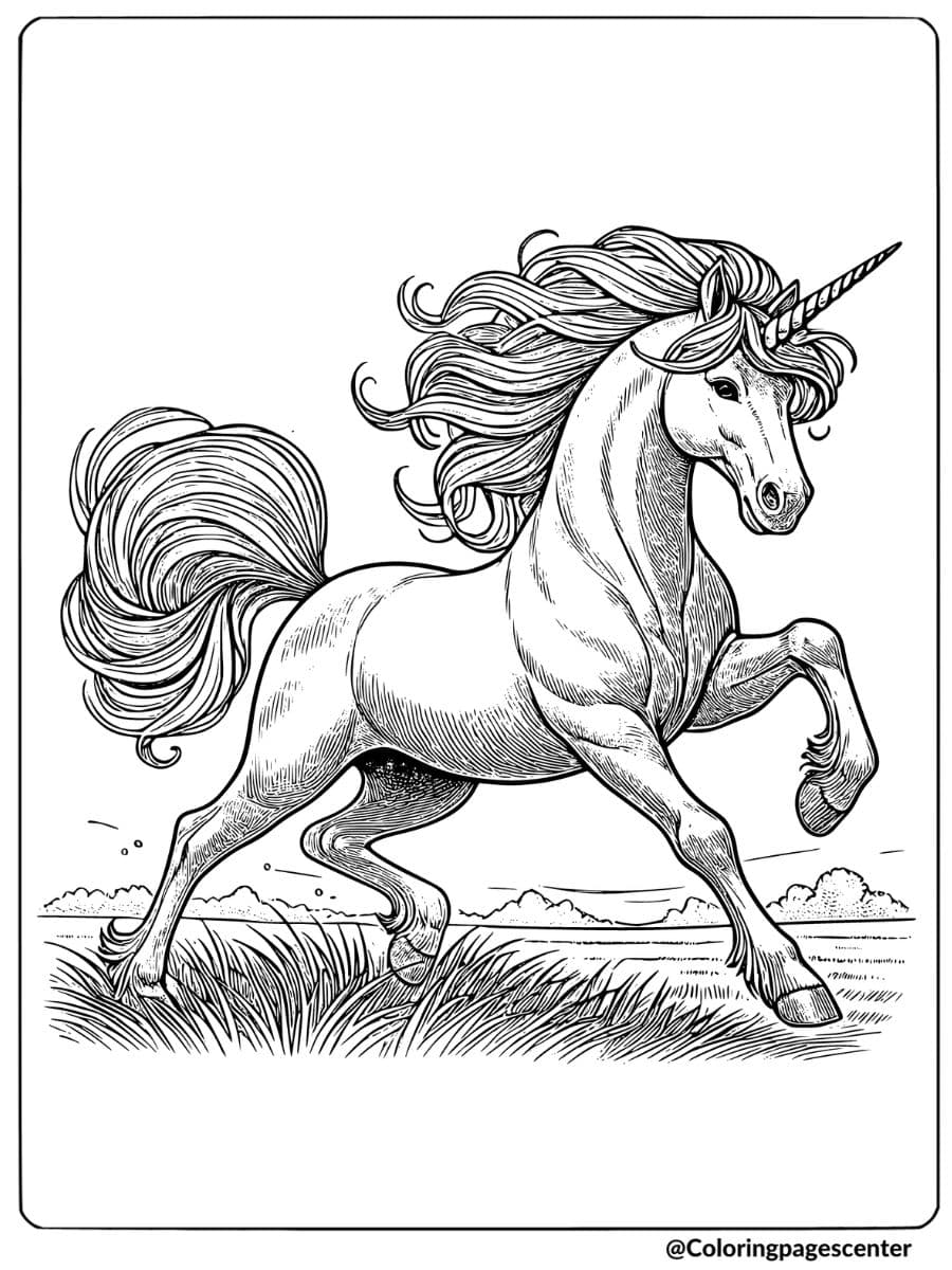 Realistic unicorn galloping across field coloring page