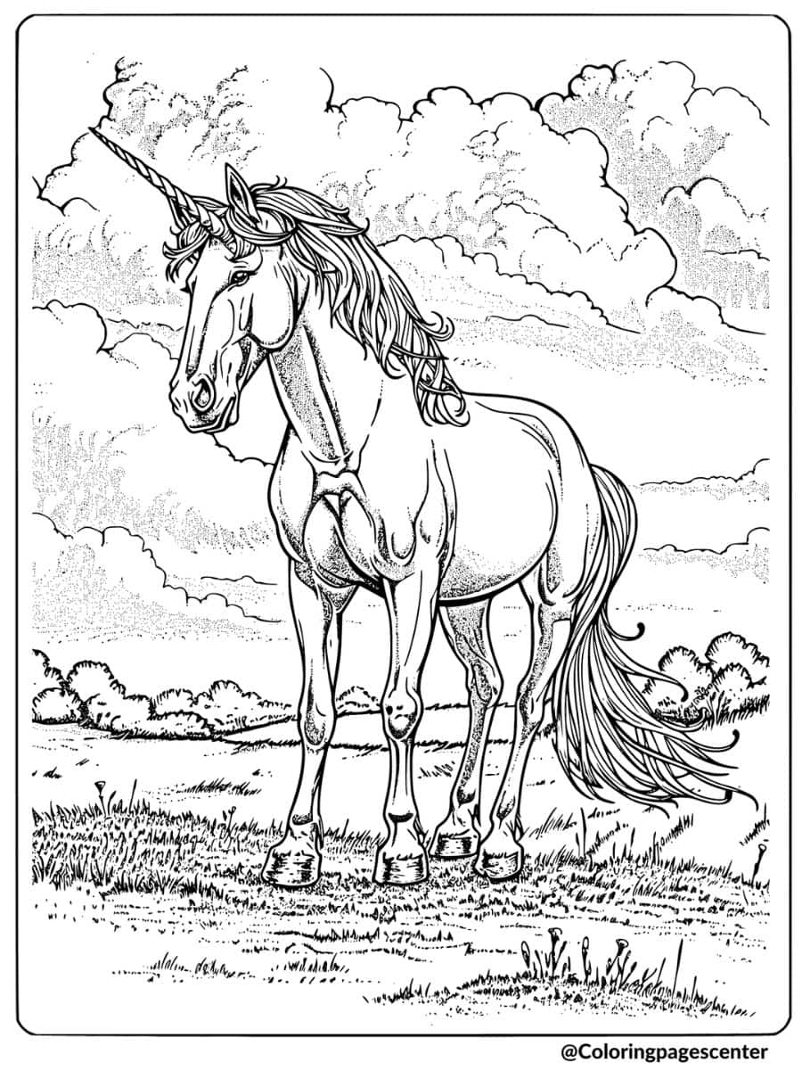 Realistic unicorn standing in meadow with clouds coloring page