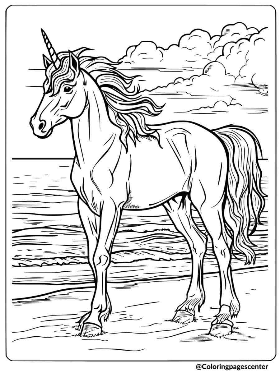 Realistic unicorn standing by the beach coloring page