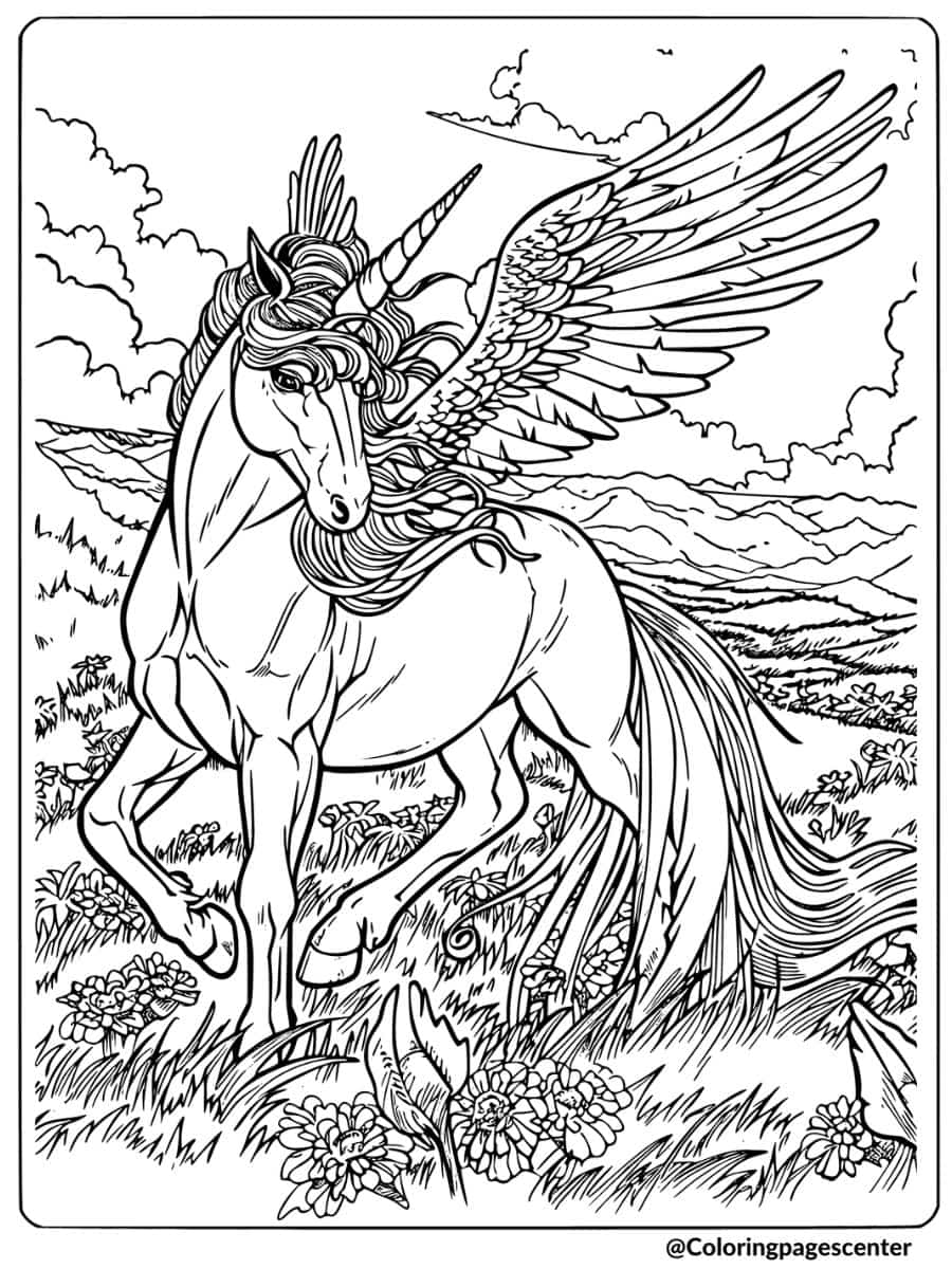 Realistic winged unicorn in mountain meadow coloring page