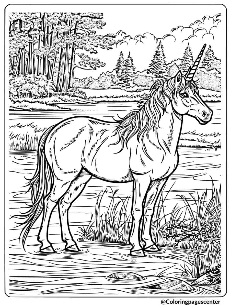 Realistic unicorn standing near lake coloring page
