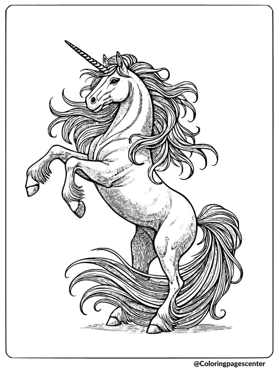 Realistic unicorn prancing in the forest coloring page