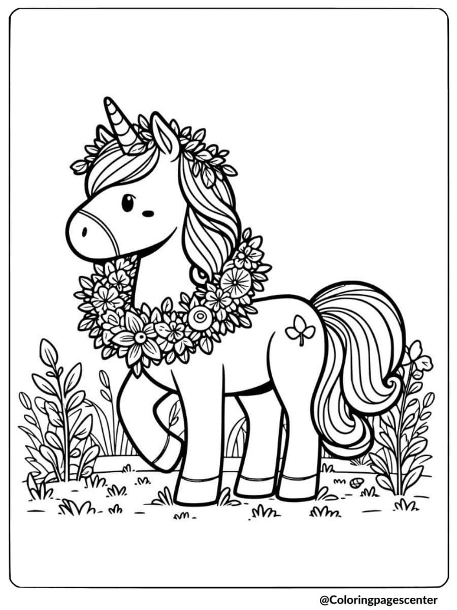 Unicorn wearing a wreath in a garden Thanksgiving coloring page