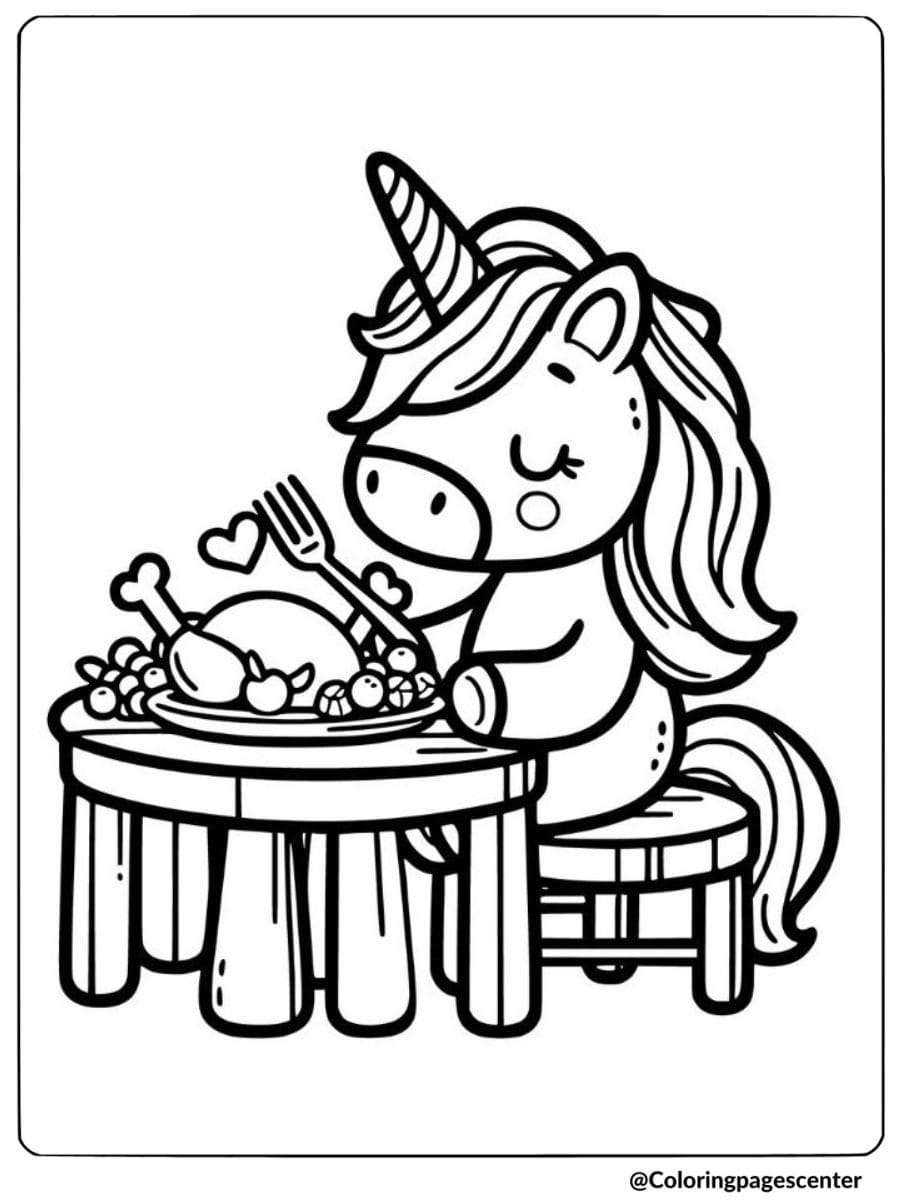 Thanksgiving Unicorn at a table with dinner coloring page