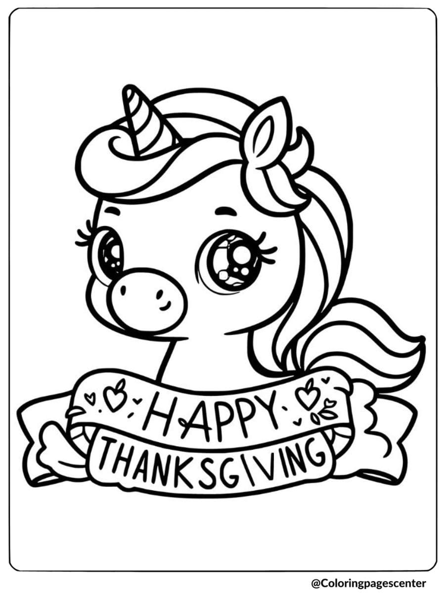 Thanksgiving Unicorn holding a banner coloring page
