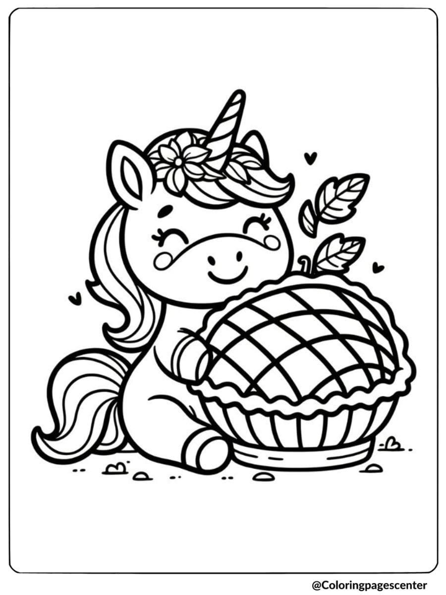 Unicorn hugging a pie Thanksgiving coloring page