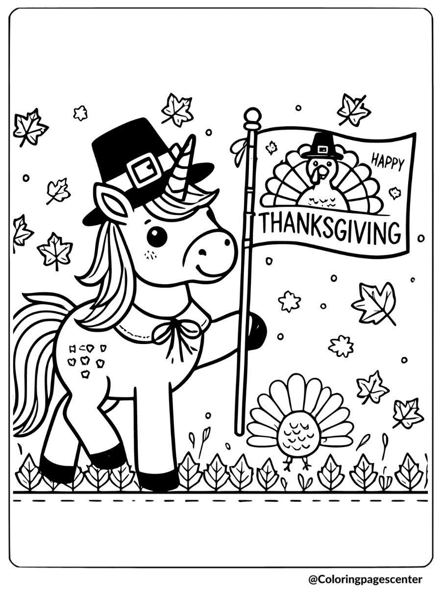 Unicorn waving a Thanksgiving flag coloring page