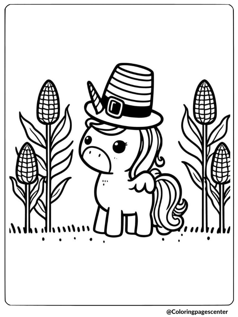 Unicorn with a hat in a cornfield Thanksgiving coloring page