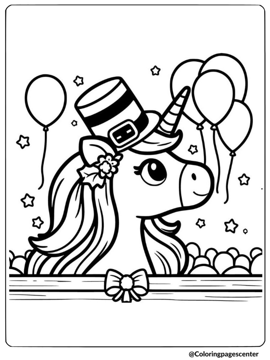 Unicorn with balloons at a Thanksgiving party coloring page