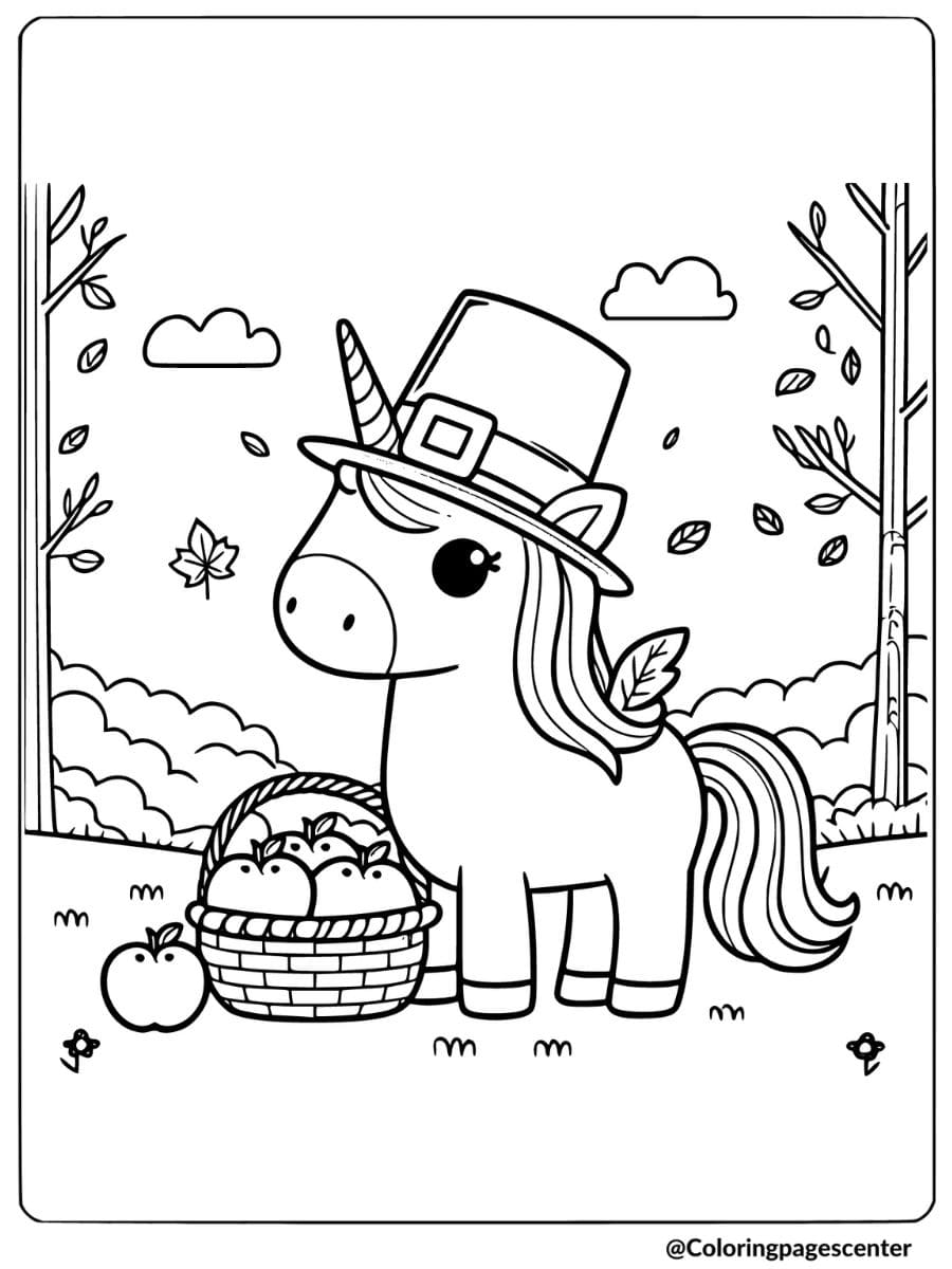 Unicorn with a basket of apples Thanksgiving coloring page