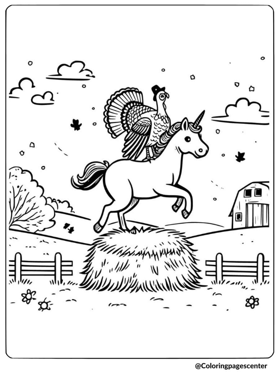 Unicorn with a turkey on a farm Thanksgiving coloring page